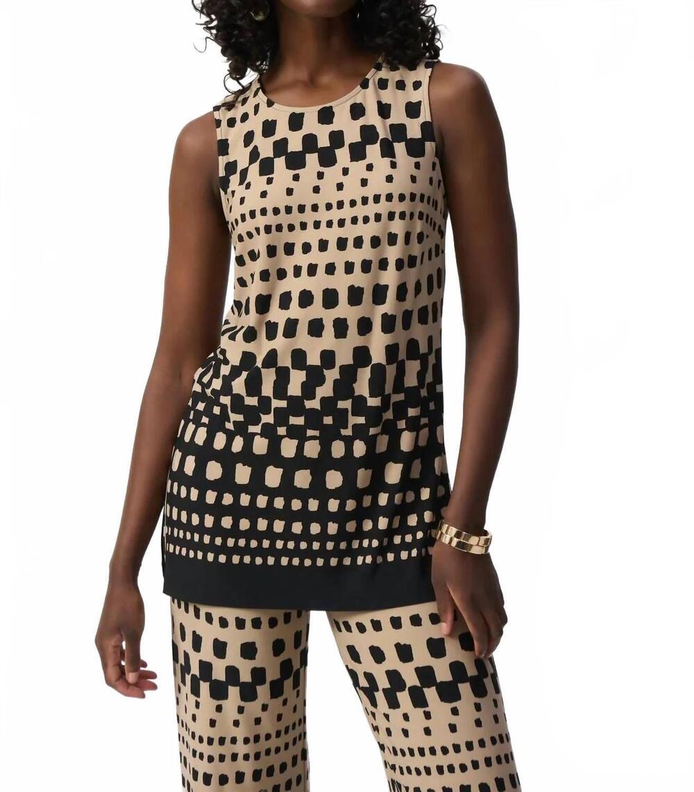 NEW JOSEPH RIBKOFF geometric crew neck pullover in black/dune